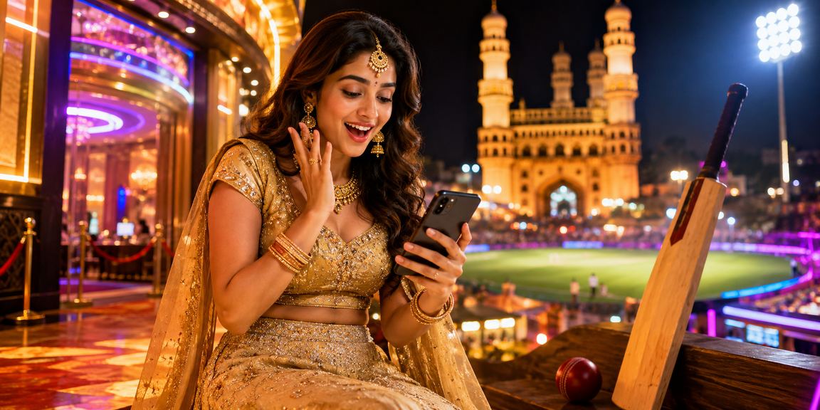 User browsing cricket bets on mobile near Charminar Hyderabad in traditional attire